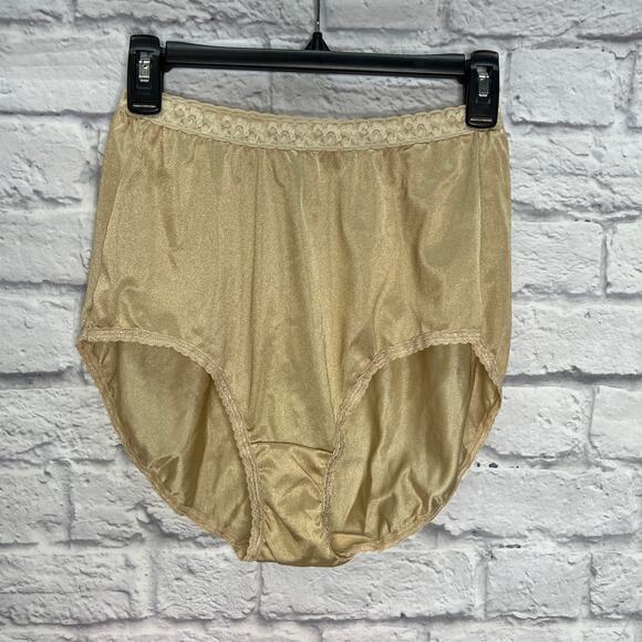 Vintage JMS Nylon Lace Trim Panties Beige Size 9 Silky Shiny Brief Sissy - Picture 1 of 5